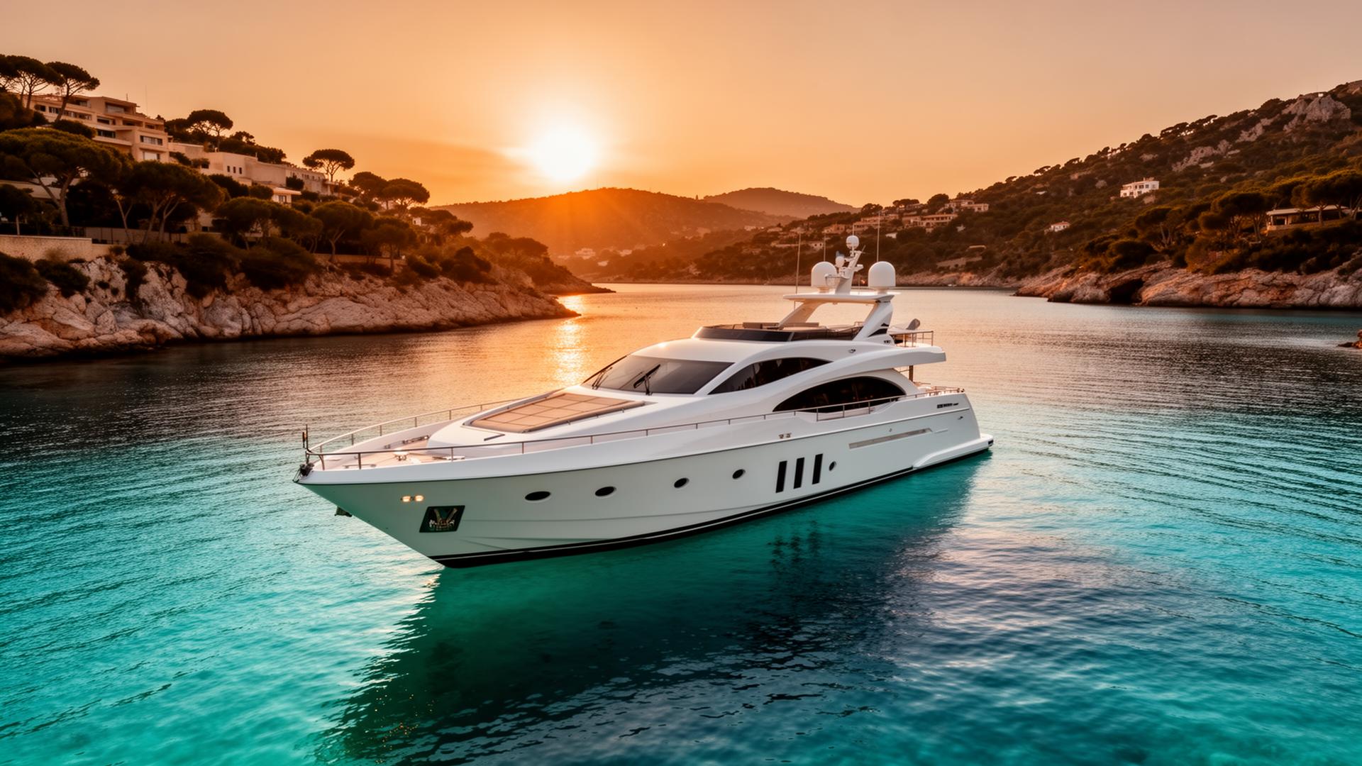 Luxury motor yacht anchored in a Mallorca cove at golden hour